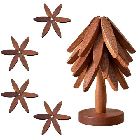 Eabdice 4 Piezas Posavasos de Madera para Placa Caliente, Trípode de Madera Plegable con diseño de árbol de Navidad, para Cocina, Decoración de Mesa y Teteras,