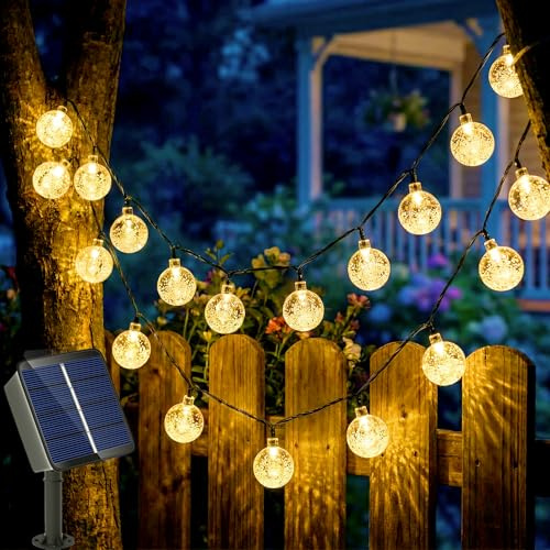 Solar Lichterkette Aussen, 6.5M 30 LED Lichterkette Außen Solar, 8 Modi 8H Timer, IP65 Wasserdicht Kristall Kugeln Solar Lichterkette Außen für Garten, Balkon, Terrasse, Weihnachten, Partys(Warmweiß)