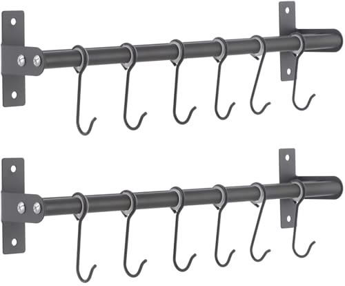 SWEWARM 2 Pcs Pot Rack, 15.7 in Dual Rod Carbon Steel Wall Mounted Pot Organizer, Cookware Rack with 6 Movable Hangers, Multi-Purpose Storage Shelf for Kitchen, Bathroom, Pantry, Entryway (Gray)