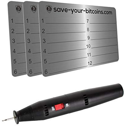 Save-Your-Bitcoins Hardware Wallet Seed Phrase - Recovery Metallplatte aus Edelstahl (V4A), Kit mit 3 Platten + Gravierstift