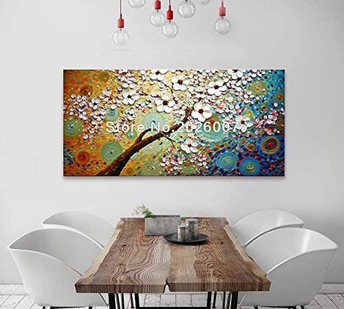 Orlco Art Ölgemälde mit blauem Kirschblütenblatt und blauem Baum, handbemalt, groß, abstrakte Kunst, Wanddekoration, Palettenmesser, strukturierte Ölgemälde auf Leinwand, Ölgemälde 24x48inch