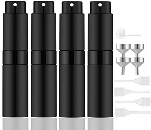 Lil Ray 8ml Portable Mini Perfume Atomizer(4 PCS)，Refilable Empty Small Spray Bottle for Travel, Twist Type Pocket Cologne Sprayer (Matte Black)