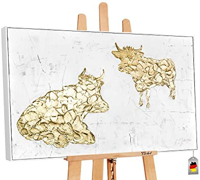 YS-Art Abstrakt Acryl Gemälde auf Leinwand Goldene Kühe handgemalt Wandbild Wohnzimmer modern Wohndekor Bild weiß gold Künstlerin Marina Julinski 120x80 cm