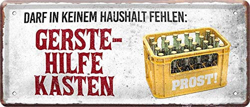 Blechschilder Bier Schild lustiger Spruch: “DARF IN KEINEM Haushalt FEHLEN“ Deko Metallschild Türschild für Pub Theke oder Bar Geschenkidee für Deine Trink & Sauf Freunde 28x12 cm