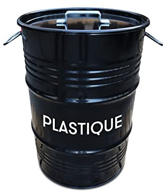 BarrelKings - BinBin Poubelle en Tonneau Pour le Tri Plastique - 100% Recyclable - Noir - En Acier - Couvercle avec Poignées - 60 L