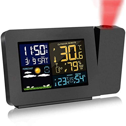 Digital Projection Alarm Clock with Outdoor Sensor,Digital Weather Station Projection Clocks On Ceiling with Temperature Display,Dual Alarms,Snooze,Coloured Backlight,Weather Forecast,for Bedrooms