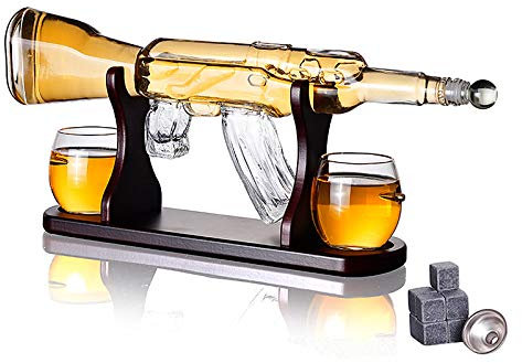 Large Gun Decanter Bullet Glasses Set - 800Ml Limited Edition Elegant Rifle Gun Whiskey Decanter with 2 Bullet Whiskey Glasses and Wooden Base - Great Gift
