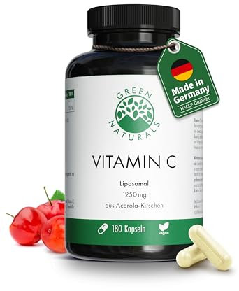 Vitamin C liposomal 1250mg - Wichtig: Höchste Bioverfügbarkeit & Absorption - 180 vegane Kapseln aus Acerola-Kirschen - Green Naturals®