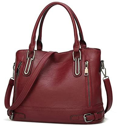 FANDARE Leichte Handtschasche Vintage Schultertasche Damen Umhängetasche Frauen Schulranzen PU Leder Wasserdicht für Shopper Reisen Arbeitstasche Messenger Tote Bags Weinrot