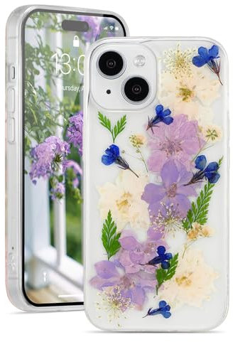 EYZUTAK Case for iPhone 12 iPhone 12 Pro 6.1 inch, Clear Soft Gel TPU Flexible Rubber Handmade Real Dried Flower Leaf Embedded Pressed Floral Protective Bumper Women Girls Back Cover - Leaf&Flowers
