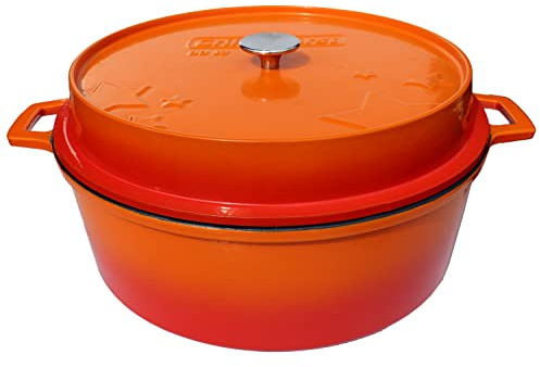 Grillfürst farbig emaillierter Dutch Oven ca. 12 Liter Fassungsvermögen - stabil stehender Gusseisentopf ohne Füße, orangefarbene kratzfeste Emaillierung, multifunktional, ca. 20,5 x 46 cm, DO12