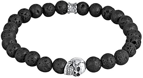 Kuzzoi Buddha Herren Armband mit Lava Stein (schwarz) Schmuckstein-Perlen, Totenkopf Bead aus 925 Sterling Silber, Chakra Yogaarmband, Energiearmband, Länge 19 cm