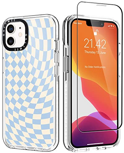GULTMEE for iPhone 12 case & iPhone 12 Pro Case with 1 Screen Protector,Light Blue Twist Print Slim Design with Shockproof PC Bumper Protective Cover Clear Case for Women Girls Man