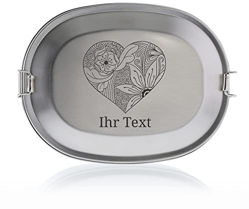 gravur-fabrik.de – personalisierbare Brotdose mit Namen aus Edelstahl – Zentangel Herz – gravierte Brotbox für Schule, Ausflüge & Co – spülmaschinenfeste Lunchbox (15,5x11,5x4,5cm)