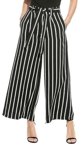 Beyove Female Hose Lässige Locker Gerade Passform Anzughosen Sommer 7/8 Lange Gestreifte Palazzo Hose Hohe Taille Freizeithosen mit Gürtel Schwarz Weiß Gestreifte M