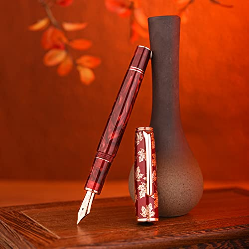 HONG DIAN N8 Red Acrylic Resin Fountain Pen, Iridium Extra Fine Nib Rose Gold Trim Maple Leaf Carving Cap, Smooth Writing Pen with Converter and Metal Pen Box Set