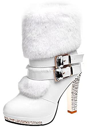 Susenstone 2022 Bottes Pour Femmes à Talons Hauts Vintage Chelsea Bottines Bottines Chaudes ImperméAbles Confortables Sans Lacet Chaussures D'Hiver En Plein Air Bottes De Motard Bottes, Blanc, 38 EU