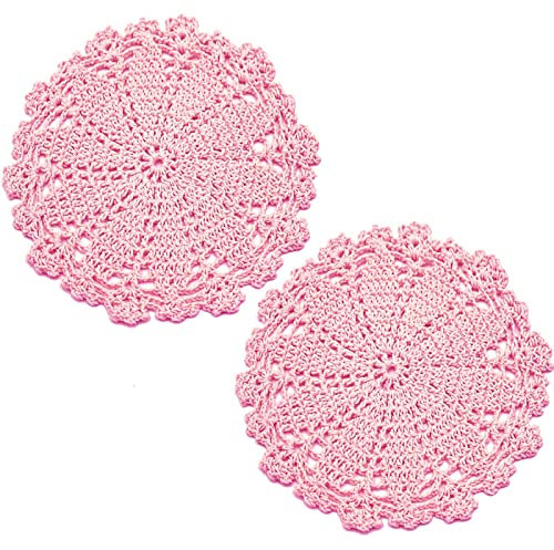 BIBITIME 2 Stück Gänseblümchen-Spitzendeckchen 15,2 cm bis 19,8 cm Untersetzer handgefertigt rund gehäkelte Tischsets Vase Pads Matten Deckchen (Rosa)