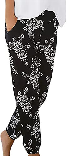 Damen Pant Lange Haremshose Schlupfhose Boho Strandhose Leicht Freizeithose Loose Sommerhose Frauen Hose mit Taschen Straight Bein Hose Sommerhose Stoffhose Jogginghose Yogahose