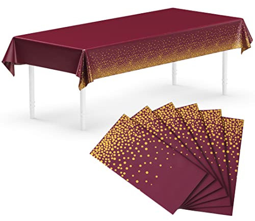 Neatiffy 137 cm x 274 cm 6er-Pack rechteckige Tischdecken aus Kunststoff für Picknick-/Camping-/Party-/Bankett-Tischdecken. Einweg-/Mehrwegtischdecken Burgunderrot mit Goldenen Punkten