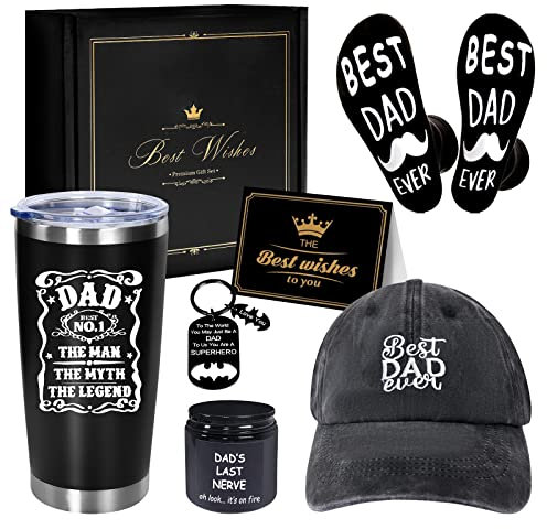 AYGE Dad Gifts from Daughter Wife Son, Awesome Dad Gifts, 6pcs Funny Gifts Set for Dad Who Wants Nothing, with 20oz Tumbler/Baseball Hat/Scented Candle/Socks/Keychain/Greeting Card Fathers Day