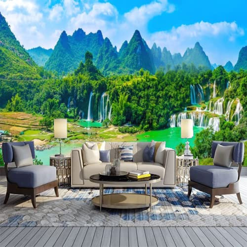 GIVLWF Papier Peint Panoramique de Cascade De Paysage Paysage, Nature Vert Montagnes Rivière Poster Murale Intissé - pour Chambre Salon Décoration Murale 450 x 315 cm