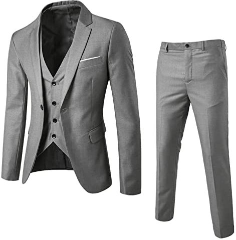 Men’s Suit Slim 3 Piece Suit Business Wedding Party Jacket Vest & Pants Coat Button Down Shirts for Men with Tie Grey