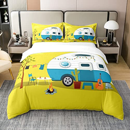100% Bio Baumwolle Camping Bettbezug 200x200,Geparkter Anhänger Bettwäsche Set Gitarre Kaktus Wäsche und Feuer Pit Road Trip Hawaiian Cartoon Auto Reisen Vintage Tröster Abdeckung mit 2 Kissenbezüge