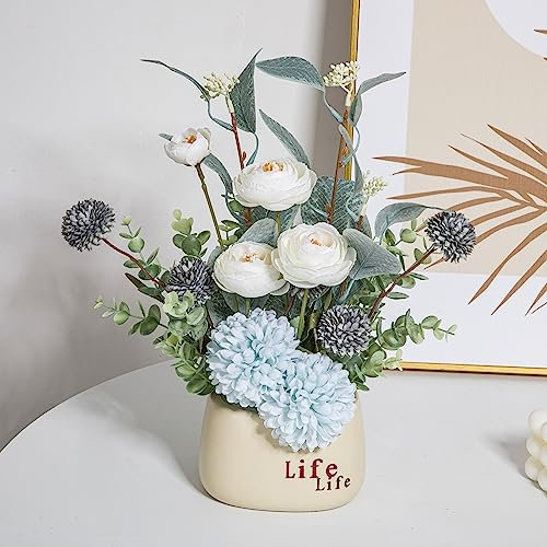 NAWEIDA Artificial Flowers in Vase, Faux Flower Arrangement for Home Decor, Coffee Table, Kitchen, Dining Table Centerpiece Decorations (Light Blue)