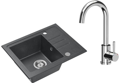 VBChome Granit Spülbecken 55 x 44 cm Schwarz gesprenkelt – Einbauspüle Einzelbecken reversibel mit Chrom Armatur & Siphon – Küchenspüle Set robust & pflegeleicht – hitzebeständig