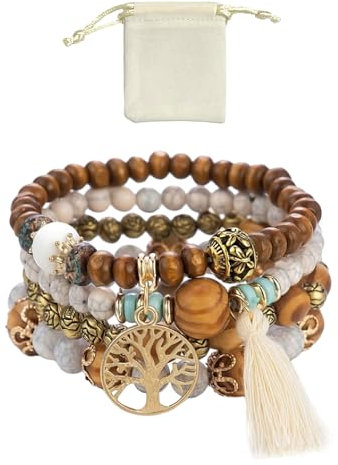 MEMOFYND 1 Stück Mehrschichtiges Holzperlenarmband Und 1 Stück Flanelltasche, Armband Für Damen Und Mädchen, Freundschaftsarmband, Perlenarmband, Böhmischer Damenschmuck, Stretch-Armband
