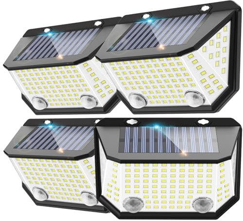 Kasonic Luci Solari con Doppio Sensore per Esterni, 6500K Luci Solari per Recinzioni con Sensore di Movimento, Luci Solari da Gradino per Muri Esterni Impermeabili per Case, Confezione da 4