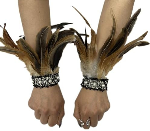 CAMDOM Damen Feder Spitze Steampunk Handschuhe Retro Perle Fingerlose Gothic Manschette Cosplay Kostüm Party Handschuhe, braun, One size