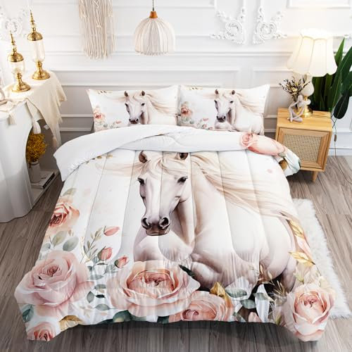 AILONEN Bettwäsche-Set für Mädchen, Doppelbett, rosa Blume, weißes Pferd, 3-teiliges Bett in einer Tasche, süßes Pferd-Bettwäsche-Set, Steppdecke mit Wildtiermotiven und 2 Kissenbezügen