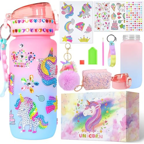 FIRITHYC Einhorn Geschenke für Mädchen Dekorieren Sie Ihre eigene Wasserflasche Kits, Gem Diamond Painting Handwerk Geschenke Spielzeug für Mädchen Geburtstag