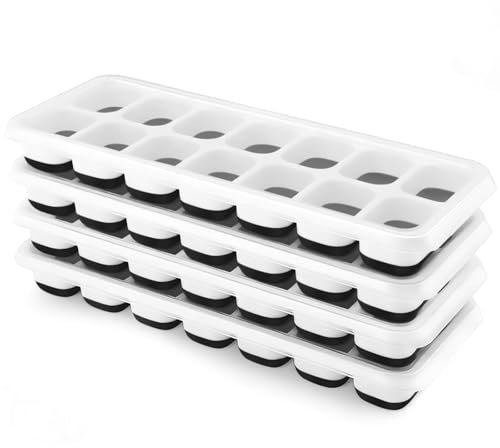 Airabc Eiswürfelform Silikon Mit Deckel 4 Pack, Platzsparend und Stapelbar Ice Cube Tray, LFGB Zertifiziert und BPA Frei Quadratische Eiswürfelschalen für Babybrei Cocktail Whiskey Kaffee