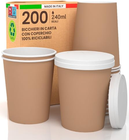 200 Bicchieri Caffè da ASPORTO in Carta Avana 240ml con 200 Coperchi in Carta con Beccuccio Bevande Fredde e Calde Tè Infusi Acqua Cappuccino Ecologici Biodegradabili Tazze Monouso Made in Italy