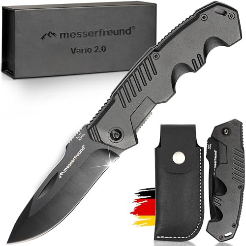 messerfreund® Coltello pieghevole Vario 2.0 [affilato e robusto] - coltello da sopravvivenza e da esterno con fondina - coltellino a due mani con lama da 8,5 cm - nero