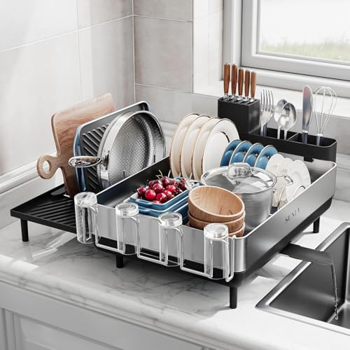 SUNLY Large Dish Drying Rack, Expandable Dish Racks for Kitchen Counter, Space Saving 304 Stainless Steel Kitchen Dish Drying Rack, Extra Large Dish Drainer with Multifunctional Flip Up Pegs, Black