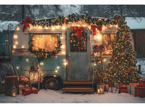 Ttincceer thème de noël Toile de Fond 3x2.5m Neige Nuit rétro Camion avec décoration Brillante Baby Shower Photographie Fond noël Bus Restaurant Piquet en Bois décors Studio Portrait Photo Prop