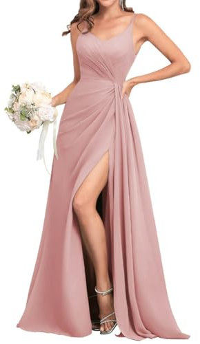 WSEYU Robe de demoiselle d'honneur à col en V sans manches en mousseline de soie longue robe de soirée formelle, vieux rose, 40