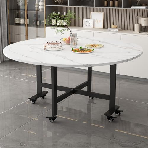 Yidlkecqey Klappbarer Esstisch Klappbarer Esstisch Auf Rollen,Ausziehbarer Esstisch Klappbarer Esstisch Rund,Drop Leaf Klapptisch Mit 6 Rädern,beweglicher Küchentisch Für Wohnzimmer(White,100 * 75cm)