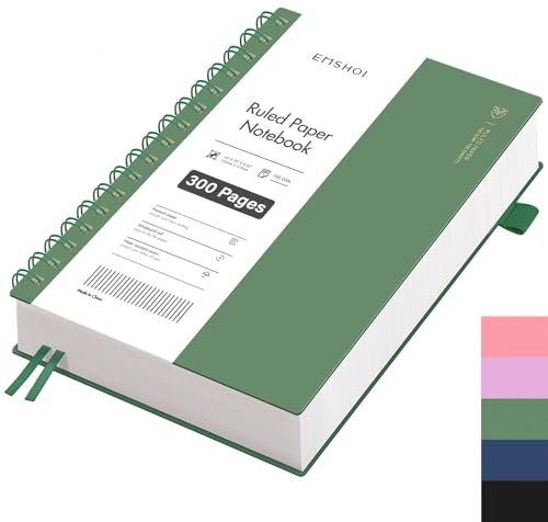 EMSHOI Notizbuch A5, Notizblock, Collegeblock Liniert mit 300 Seiten /150 Blatt Zum Schreiben, 100g/m² Papier, PVC Hardcover, Ideal für Arbeit, Büro & Schule, 15.5 × 21 cm - Dunkelgrün