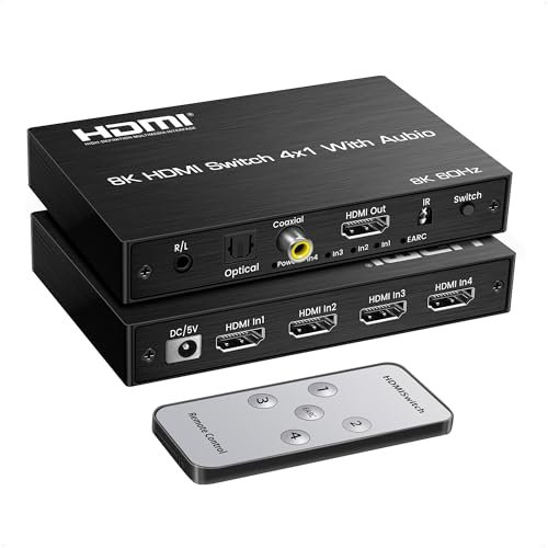 8K@60Hz HDMI Switch 4 in 1 Out with eARC/ARC Audio Extractor, Optical, Coaxial & L/R Out, Support SPDIF 5.1Ch, 48Gbps, HDCP2.3, HDR, 4x1 HDMI 2.1 Switch with ARC Audio Out for PS4/5, Xbox, Soundbar