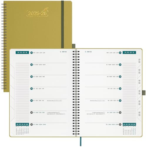 BEZEND 18-Monate Kalender 2025 2026 Terminplaner A4 1 Woche 2 Seiten mit 2 Spalten, Wochenplaner von Juli 2025 bis Dezember 2026, Buchkalender Spiralbindung mit Pu-Leder Softcover, Senf