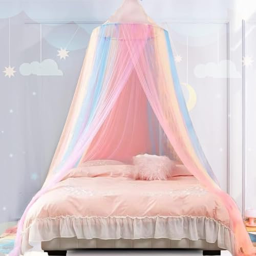 Koomuao JUMUAO Regenbogen Betthimmel Mädchen,Prinzessin Moskitonetz für Kinderbett Babybett,Baldachin Kinderzimmer Himmel, Ohne Bohren,Babybetthimmel,Himmelbett Vorhänge für Kinder und Baby Bett