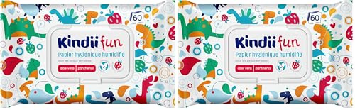 Kindii Fun Papier Hygiénique Humidifié Rinçable pour Enfants - Combinaison de Papier Humidifié et Lingette Humide - Rafraîchit Zone Intime - Camomille, Aloe Vera - 60 pcs (Lot de 2)
