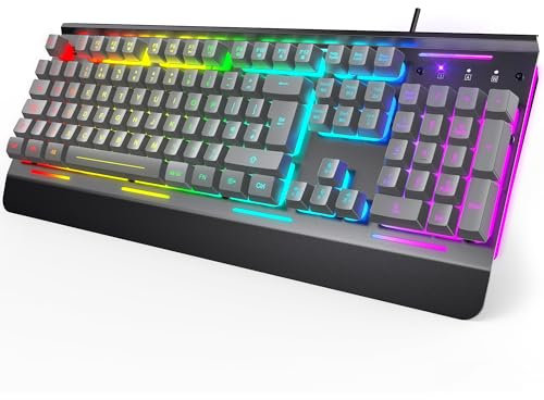 TECKNET RGB Gaming Keyboard, 105 Keys, All-Metal Panel, 15-Zone RGB Illumination, Backlit Quiet Computer Keyboard,Wrist Rest,25 Anti-ghosting Keys,IP32 Water & Dust Resistant USB Wired Keyboard (Grey)