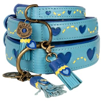 Dog with a Mission - Hundehalsband XL | Sky | Blau mit Herzen | Boho und Hippie | Ideal für große Hunde | Handgemacht | Modisch und Bunt | Aus weichem Echtes Leder | 4 cm Breit