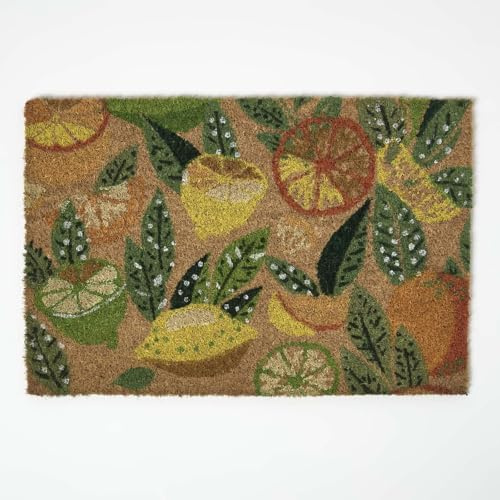 HOMESCAPES Natural Coir Door Mats, Citrus Fruits Heavy Duty Dirt Trapper, Non-Slip Door Mats Indoor Outdoor, 60 x 40 cm, PVC Reverse, Large Rugs For Entrance & Entryways - Lemons, Limes & Oranges